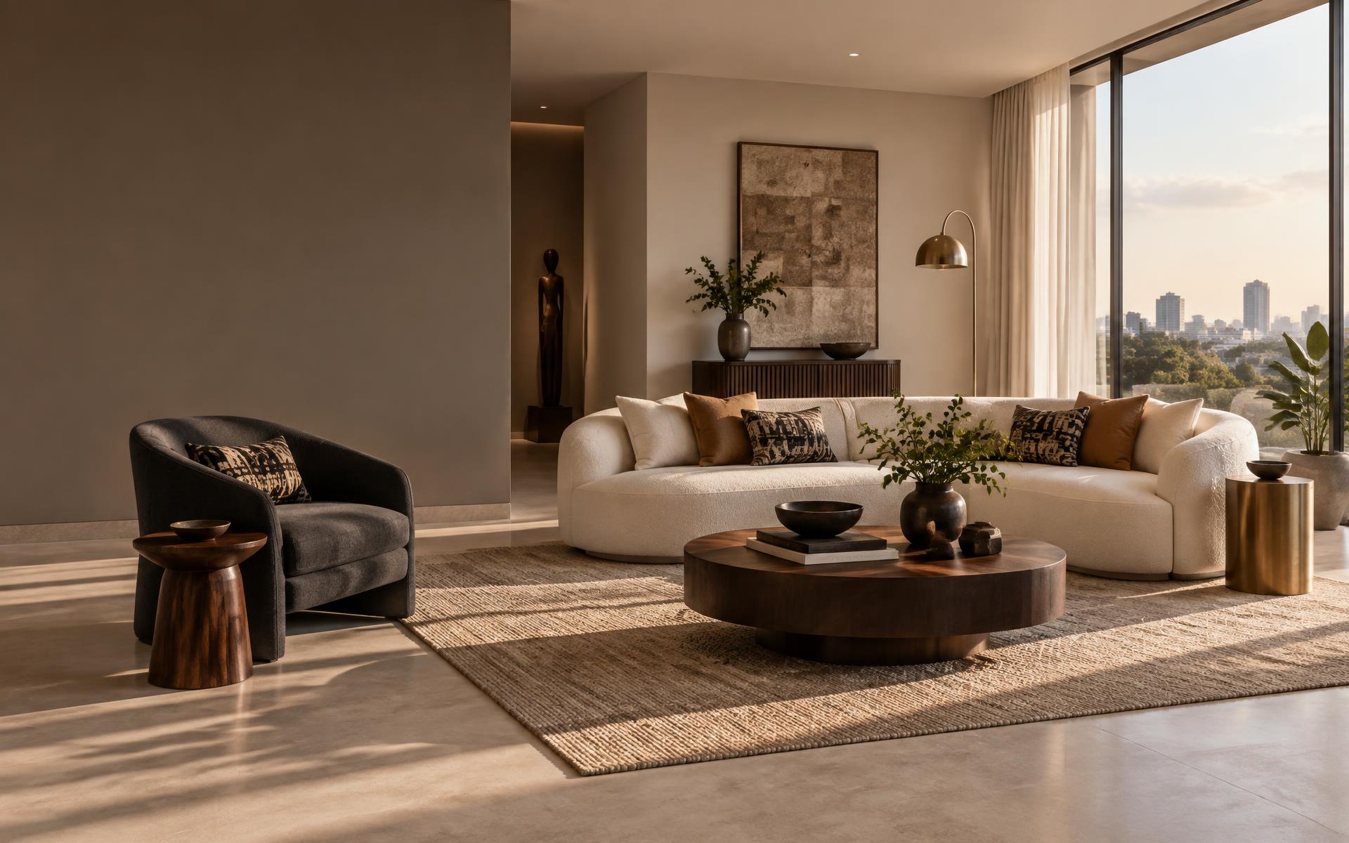 Brightone Aesthetics luxury living room with an ivory curved sofa, charcoal chair and handcrafted timber furniture